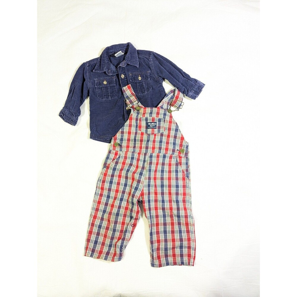 Vintage OshKosh B’Gosh Size 18M Red Blue Plaid Vestbak Overalls Rare 100% Cotton